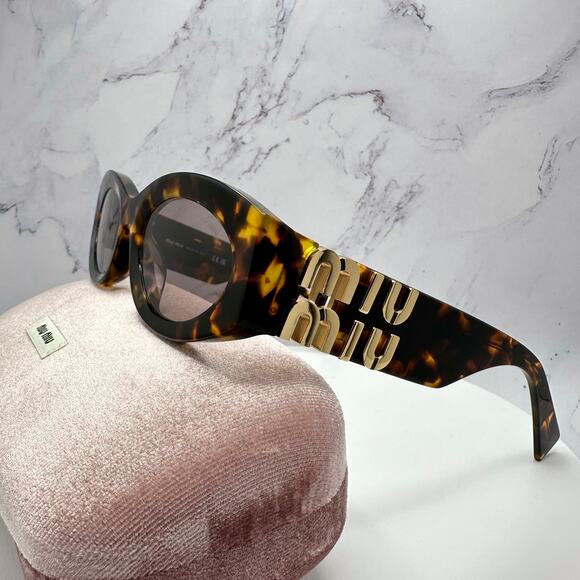 New MIU MIU Sunglasses Brown Tortoise Shell Oval Acetate Gold Logo Italy main image 5